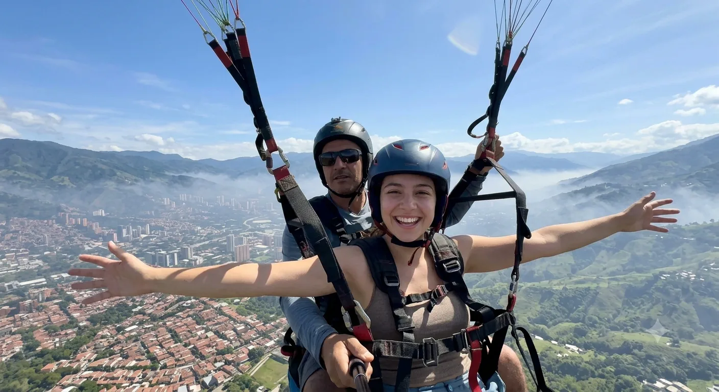 Pasajero volando en parapente tándem sobre las montañas verdes del Valle de Aburrá